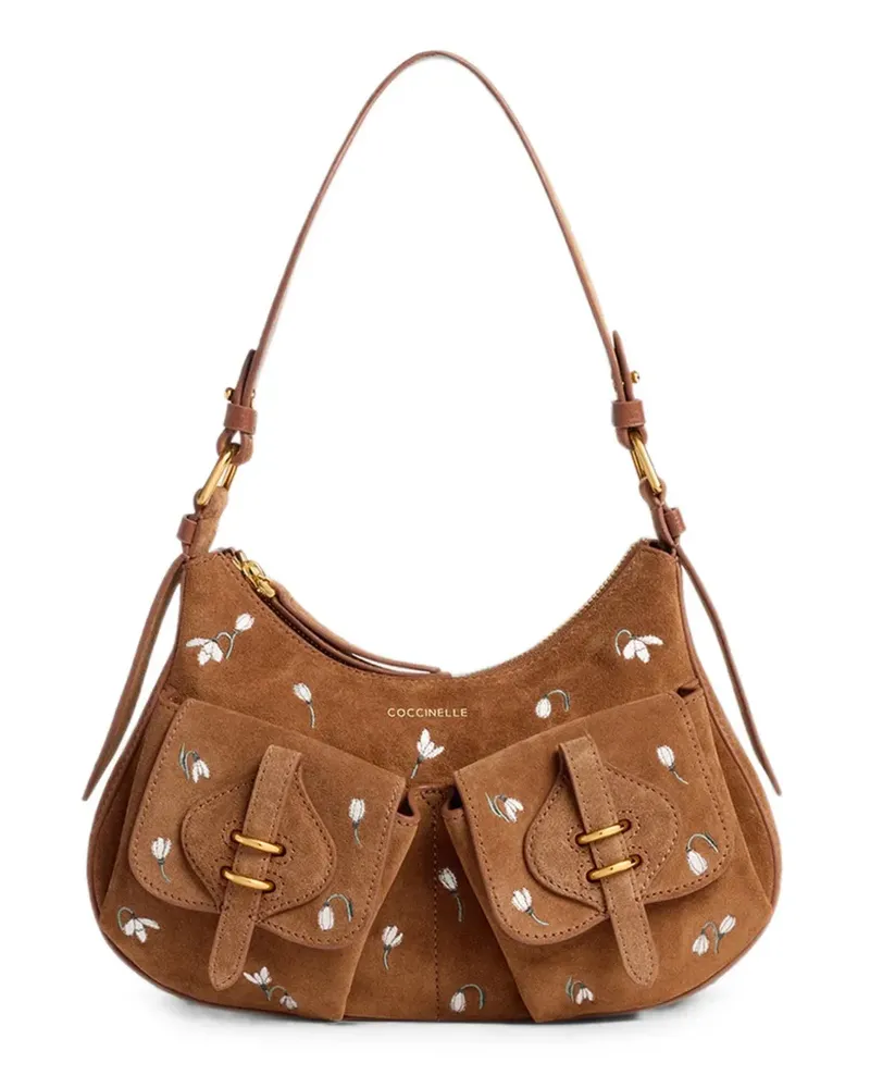 Coccinelle Mittelgroße Mavery Schultertasche aus Wildleder mit Blumenstickerei - Braun Braun