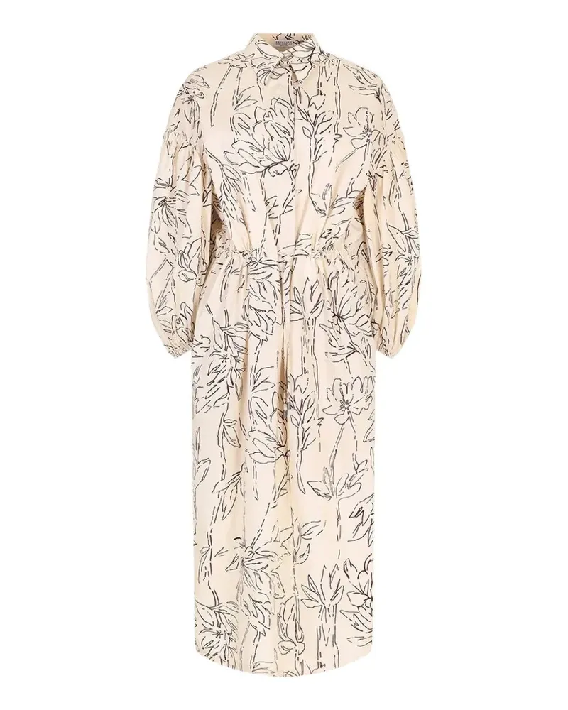 Brunello Cucinelli Midikleid mit Blumenprint und Kordelzug - Nude Nude