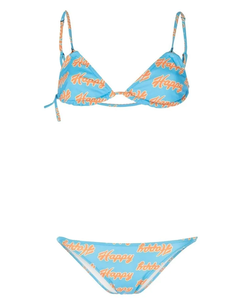 Natasha Zinko Bikini mit "Happy"-Print Blau