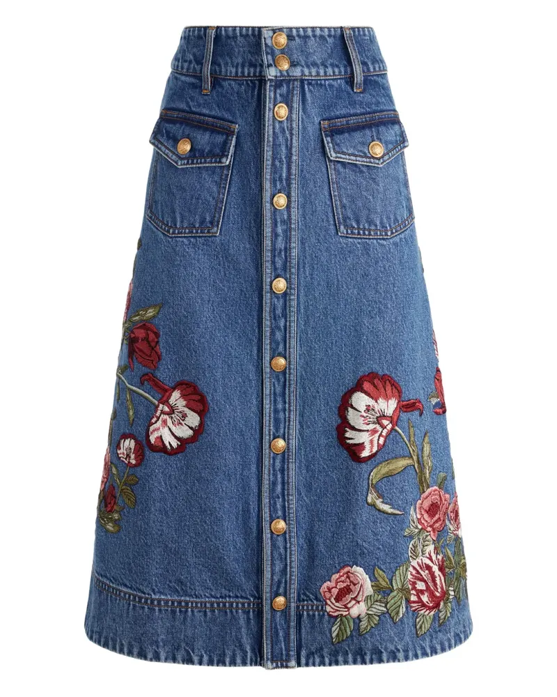 Alice + Olivia Dahlia Jeansrock mit Blumenstickerei - Blau Blau