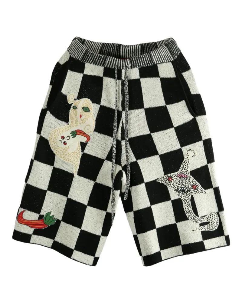 The Elder Statesman Nora Lite Creatures check-pattern embroidered shorts - Schwarz Schwarz