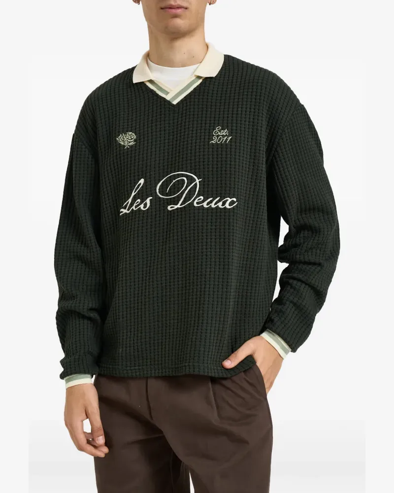 LES DEUX Pullover in Waffelstrick mit V-Ausschnitt - Grün Grün