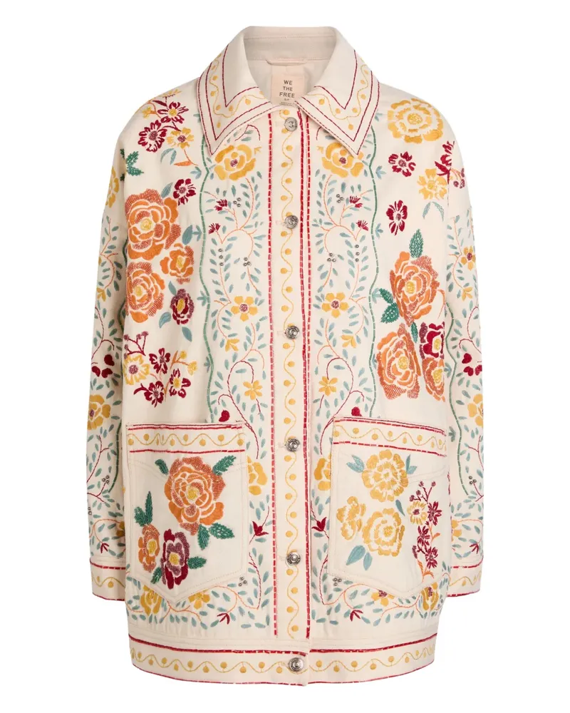 Free People floral-embroidered denim jacket - Nude Nude