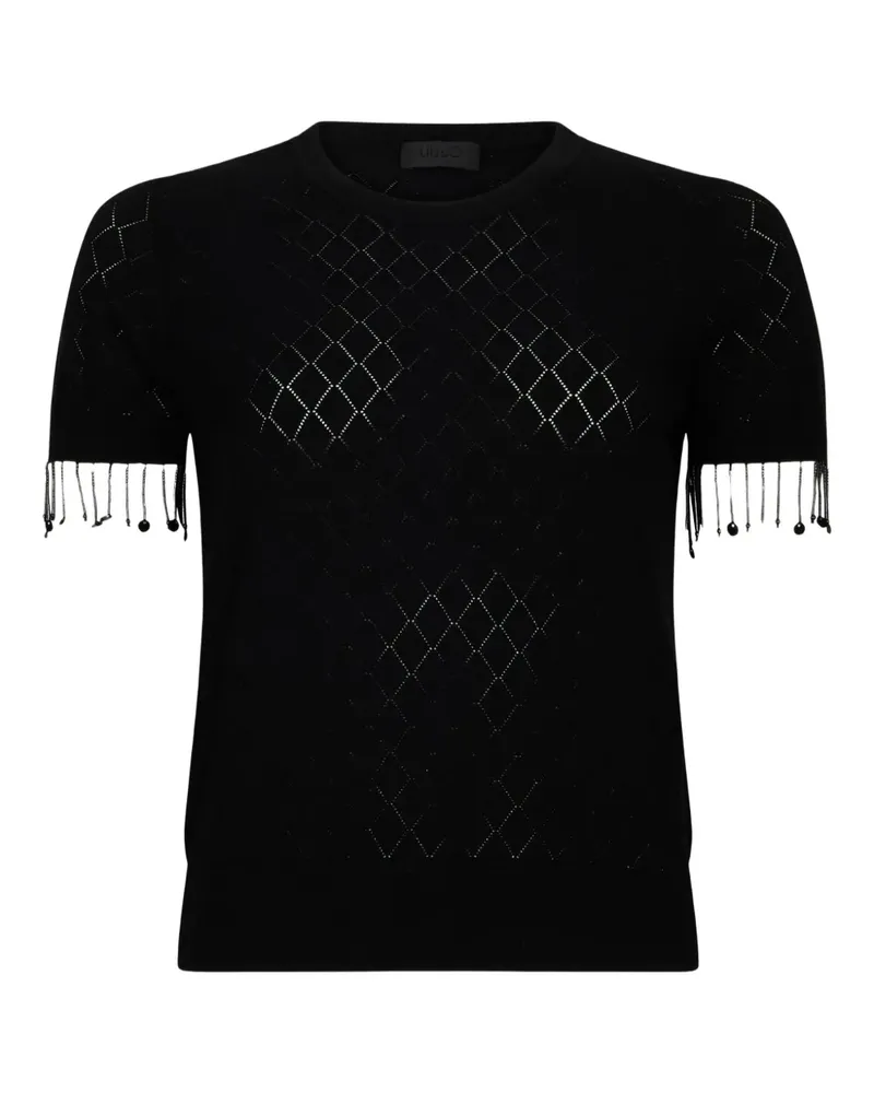 Liu Jo Rautenstrick-T-Shirt mit Perlenfransen - Schwarz Schwarz