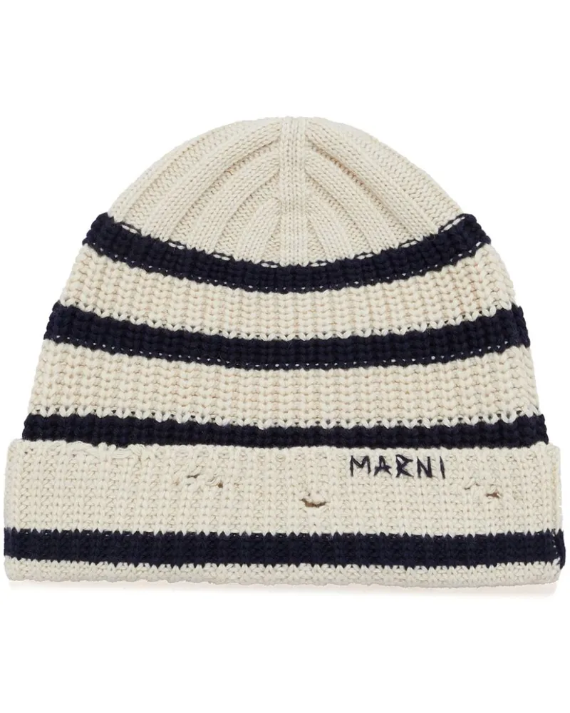 Marni Gestreifte Beanie mit Logo-Stickerei Nude