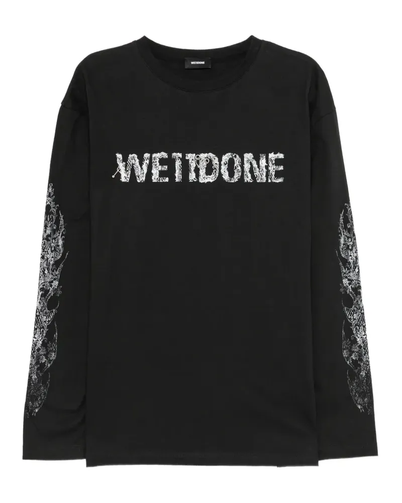 WE 11 DONE T-Shirt mit Spitzenmuster und Logo - Schwarz Schwarz
