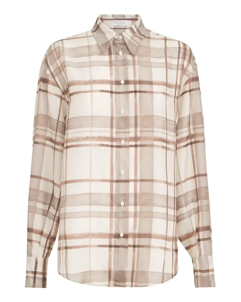 Brunello Cucinelli Seidenpongée-Hemd mit Macro Check-Print - Nude Nude