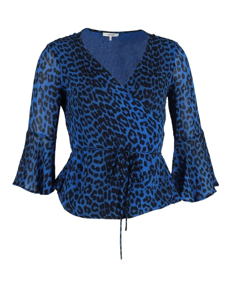 Ganni animal-print wrap blouse - Blau Blau