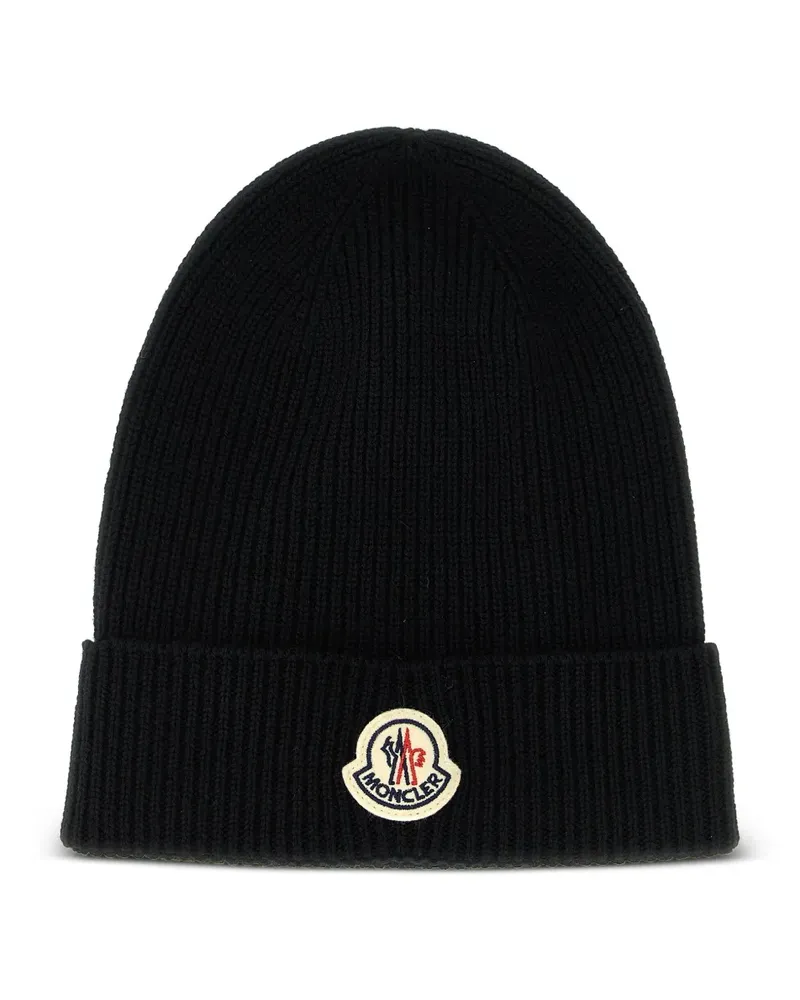 Moncler Gerippte Beanie mit Logo-Patch - Schwarz Schwarz