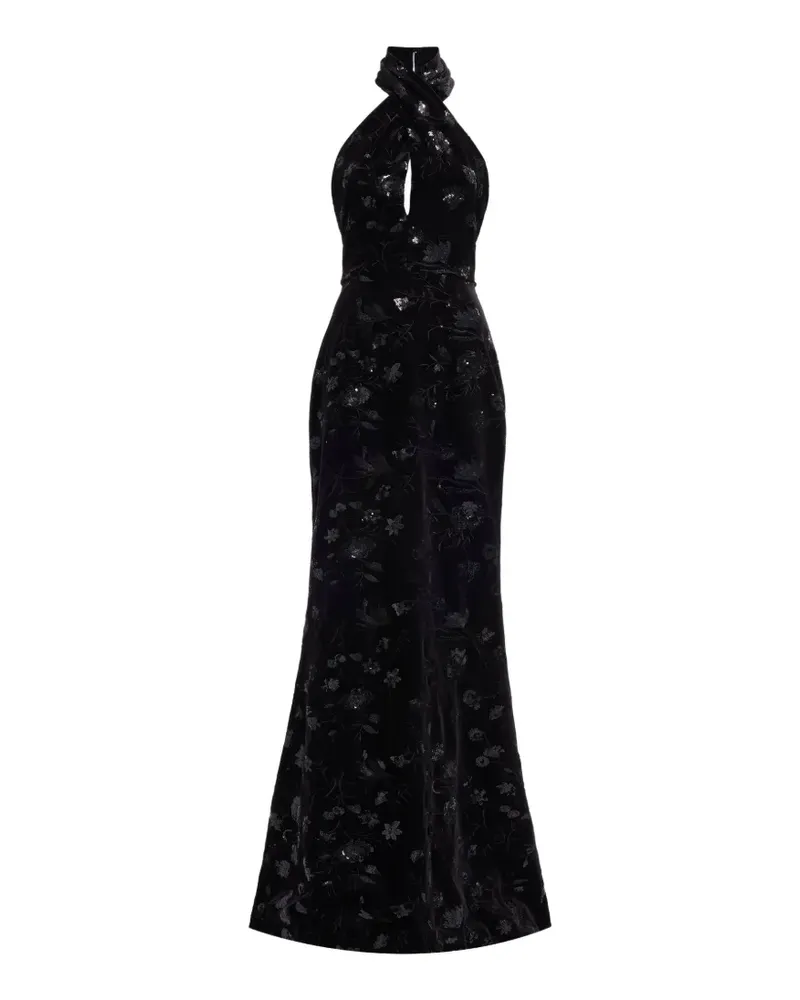 Elie Saab Besticktes Neckholder-Maxikleid aus Spitze - Schwarz Schwarz