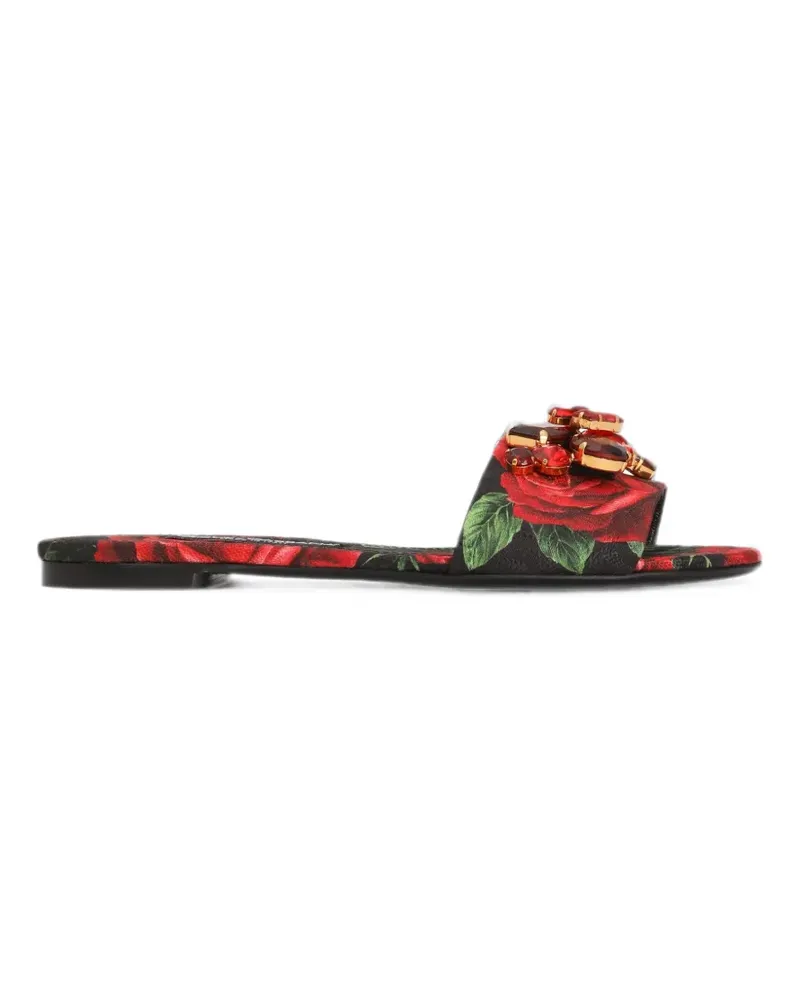 Dolce & Gabbana Flache Pantoletten aus Brokat mit Rosen-Print - Schwarz Schwarz