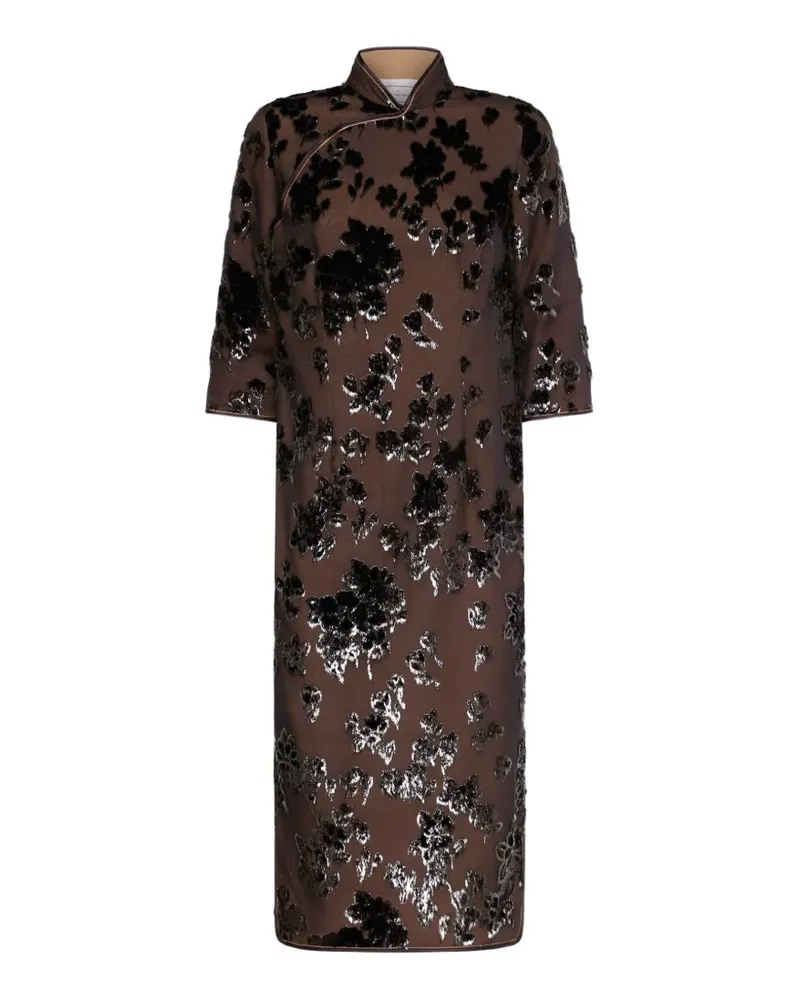 Pierre-Louis Mascia Samtkleid mit Mandarinkragen und Blumenprint - Braun Braun