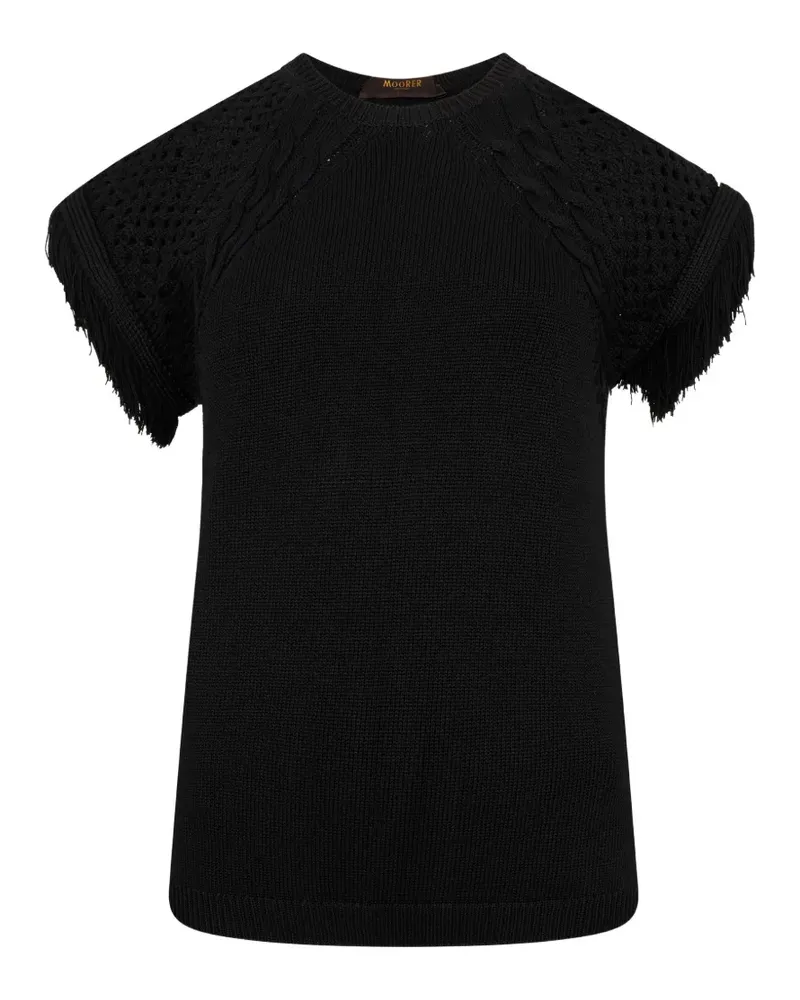 MOORER Zopfmuster-Pullover mit Fransen - Schwarz Schwarz