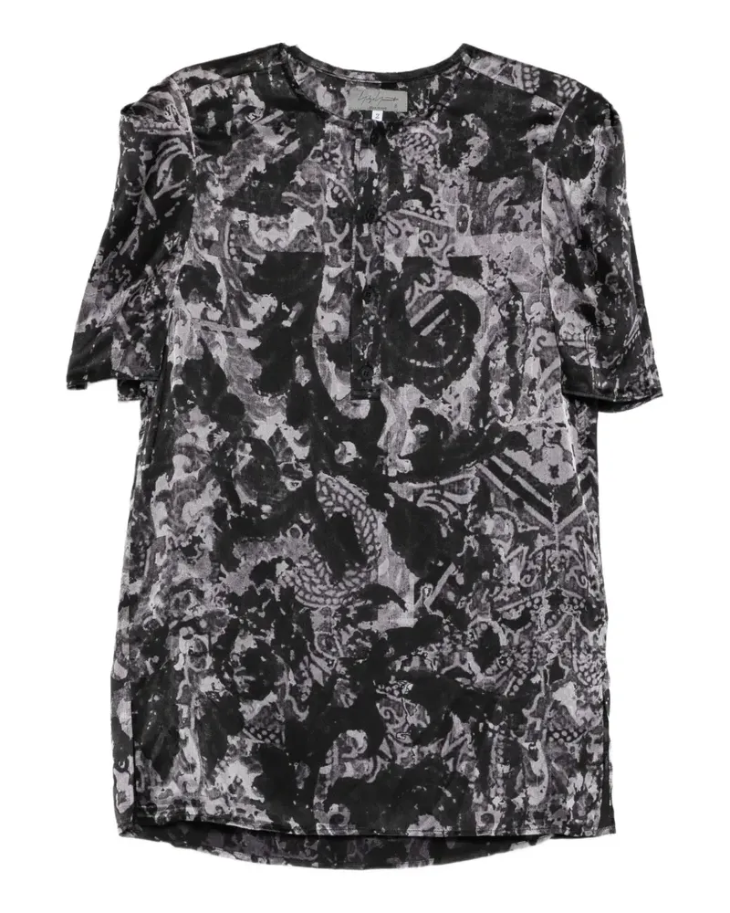 Yohji Yamamoto Kurzärmeliges Hemd mit Knopfleiste und Meeres-Print - Schwarz Schwarz