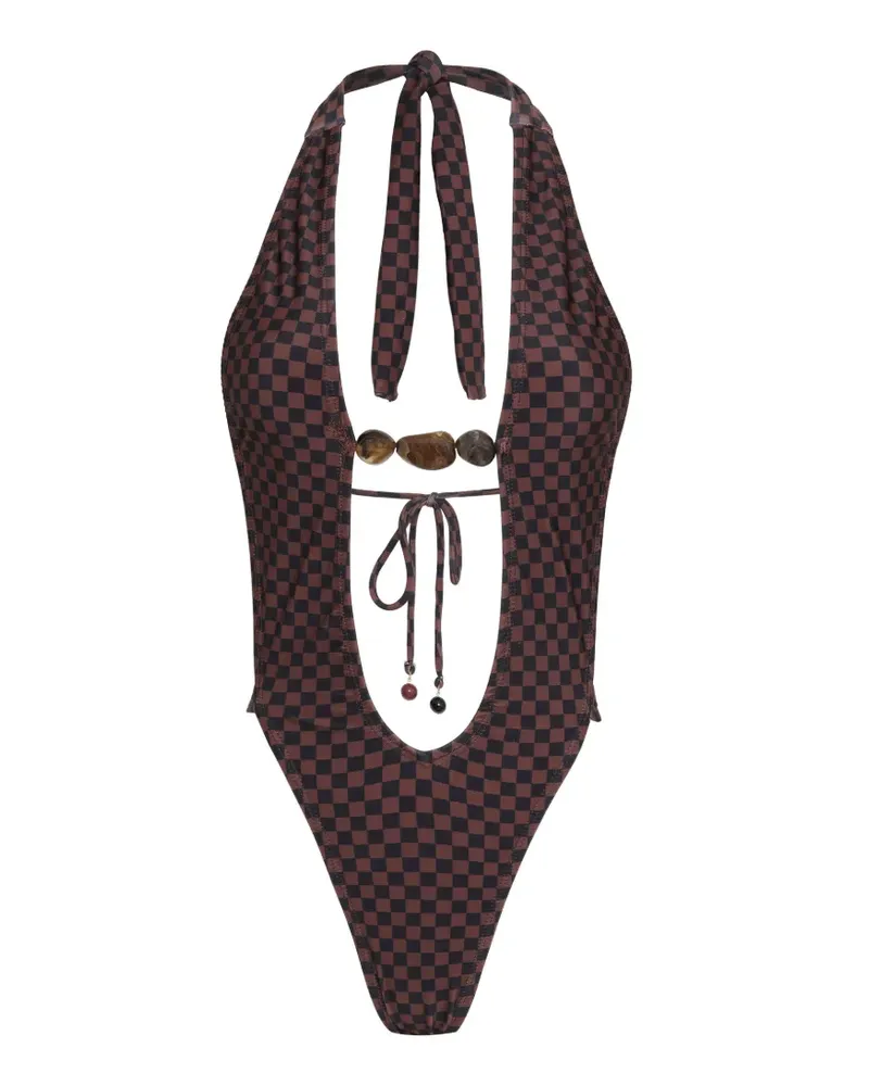 Amir Slama Karierter Neckholder-Badeanzug - Braun Braun