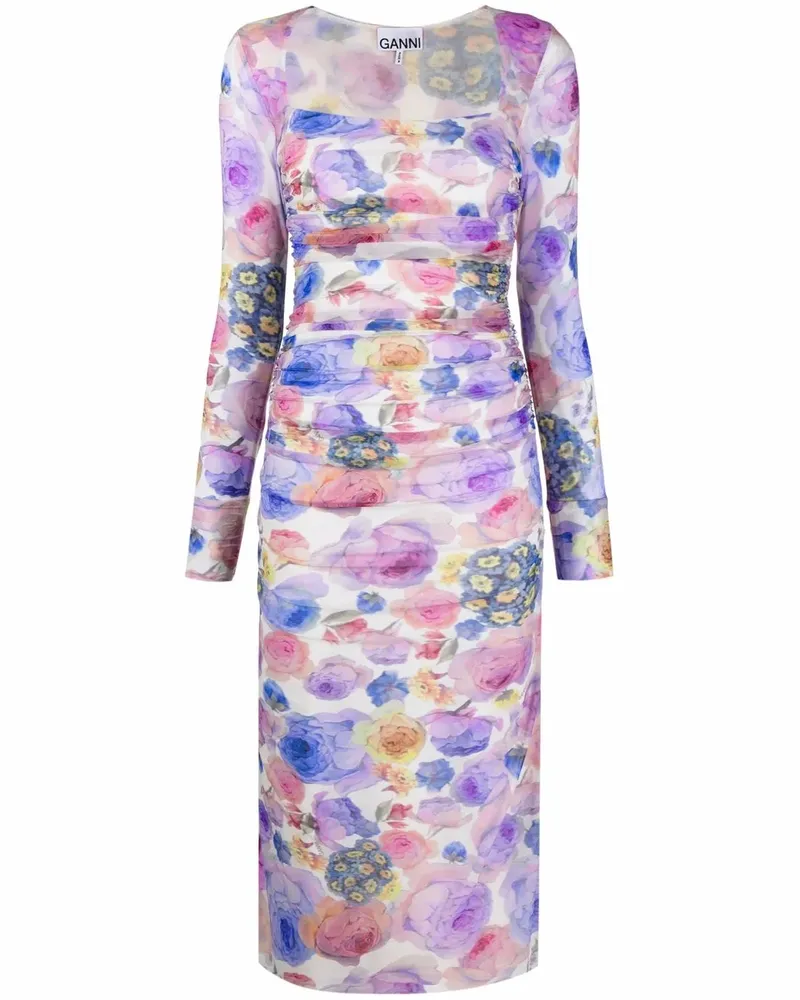 Ganni Gerafftes Kleid mit Blumen-Print - Blau Blau