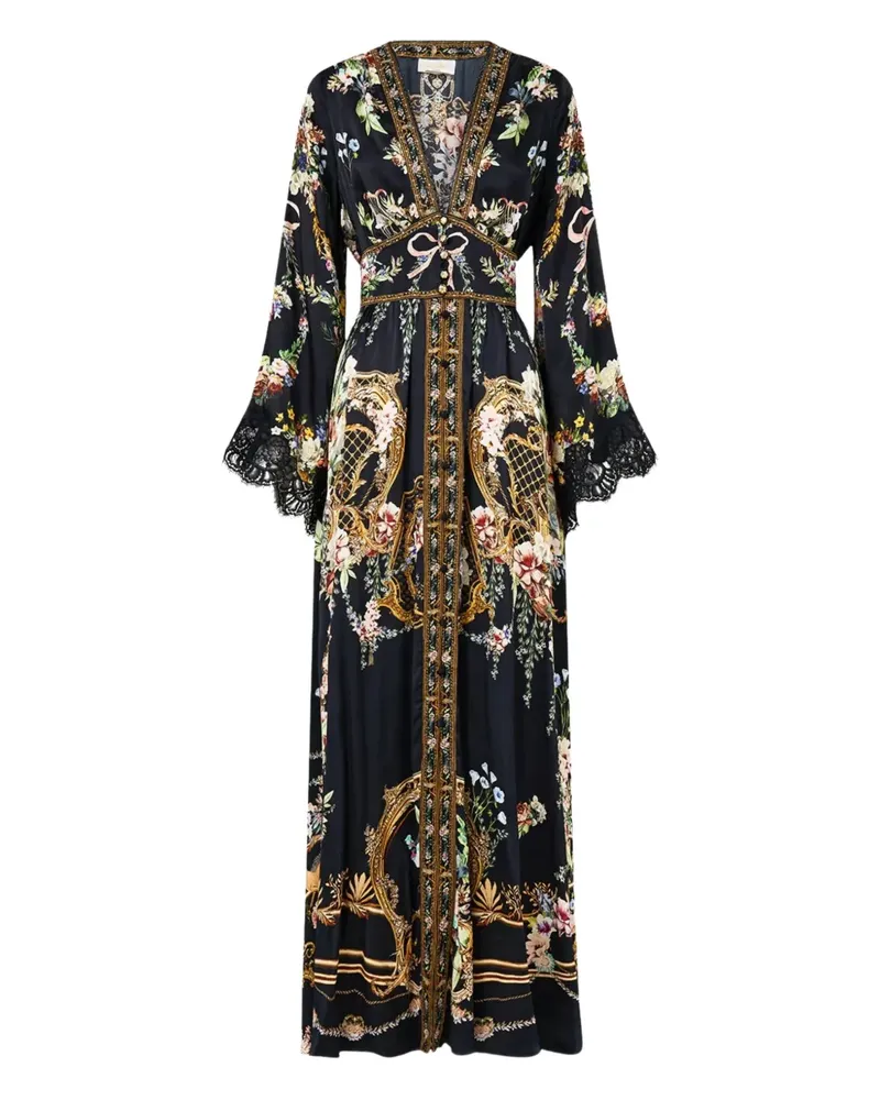 Camilla Gerafftes Kleid mit Blumen-Print - Schwarz Schwarz