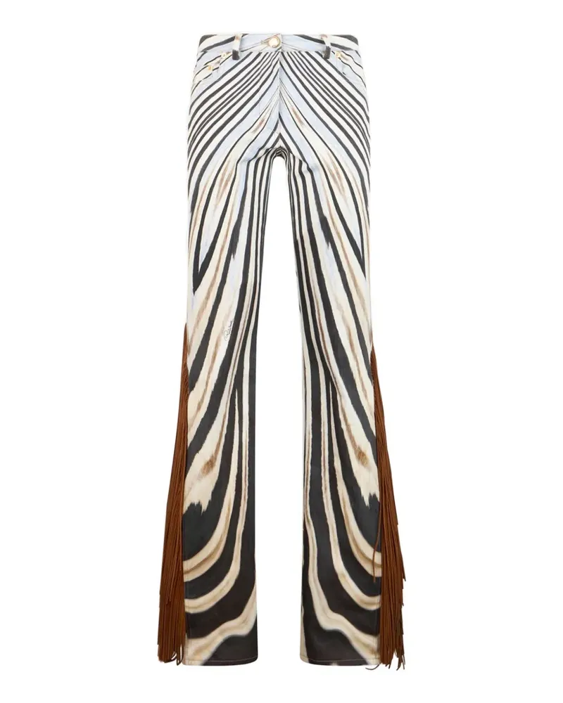 Roberto Cavalli fringe-trim zebra-print trousers - Nude Nude