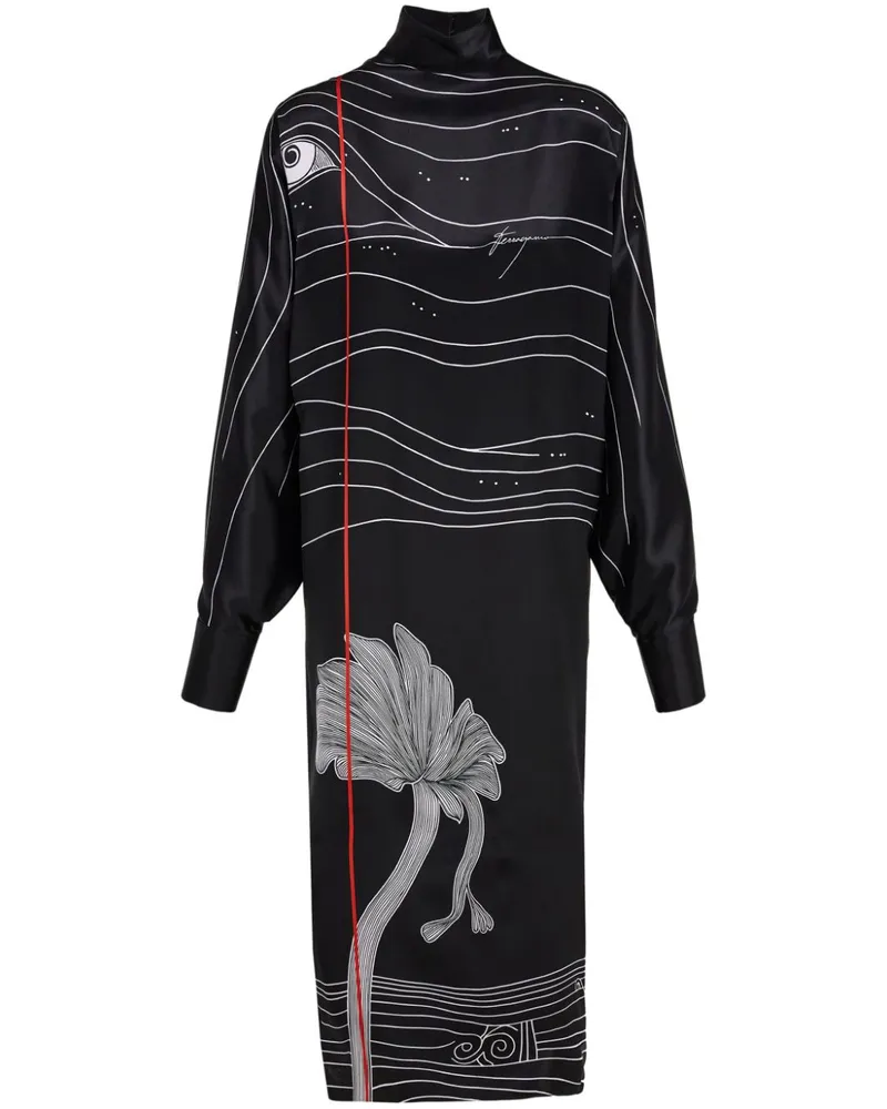 Ferragamo Satinkleid mit Spirit-Print - Schwarz Schwarz