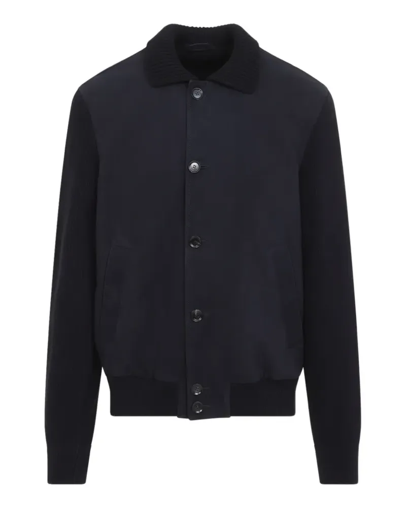 Brioni Lederjacke mit Einsätzen aus Rippstrick - Blau Blau
