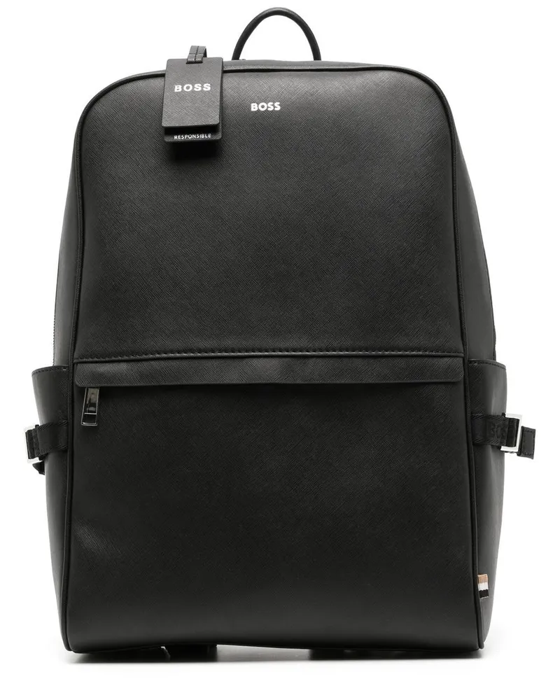 HUGO BOSS Rucksack aus Leder mit Logo-Schild - Schwarz Schwarz