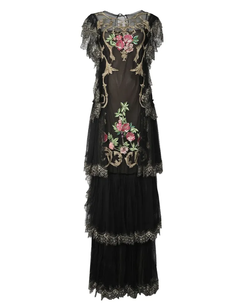 Alberta Ferretti floral-embroidered ruffled maxi dress - Schwarz Schwarz