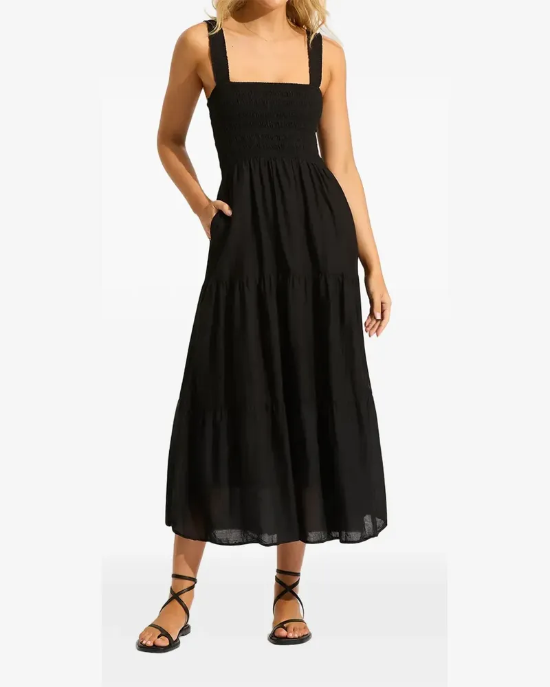 Seafolly Australia Faithful shirred tiered midi dress - Schwarz Schwarz
