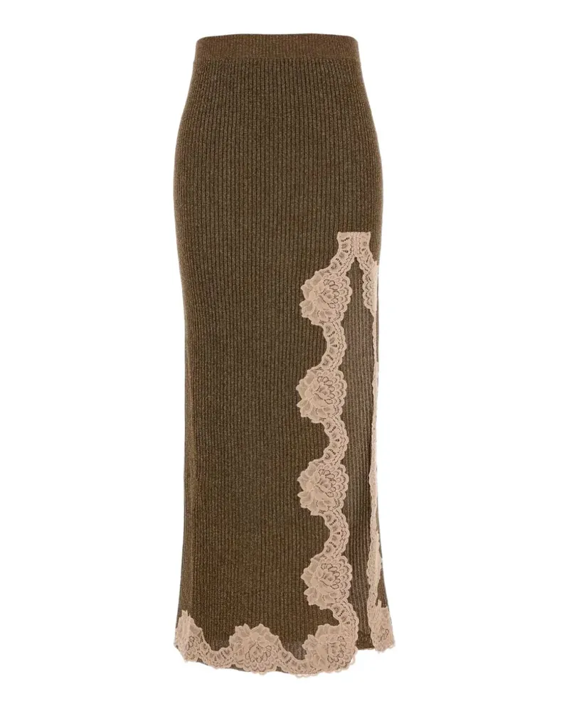 Valentino Garavani lace-trim ribbed-knit midi skirt - Braun Braun