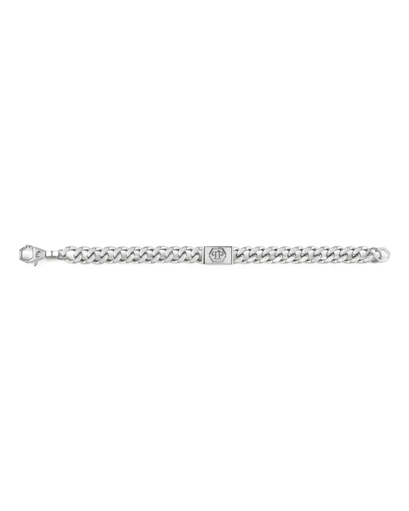 Philipp Plein Panzerkettenarmband mit Logo-Schild - Silber Silber