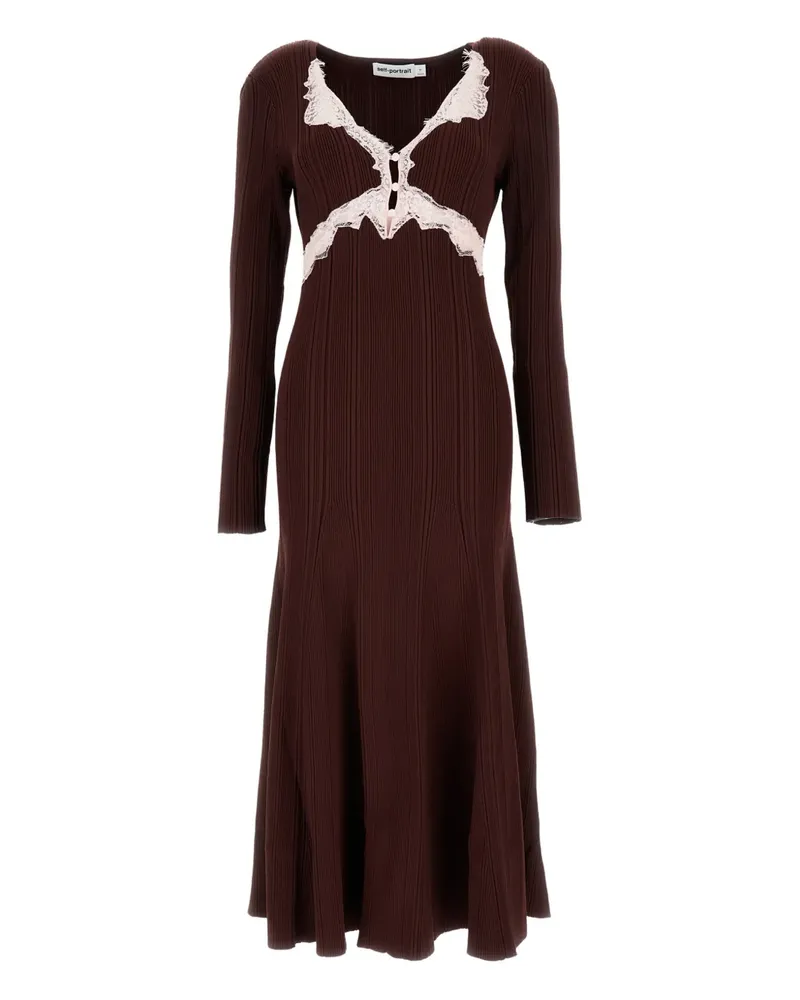 Self-Portrait Geripptes Kleid in A-Linie - Braun Braun