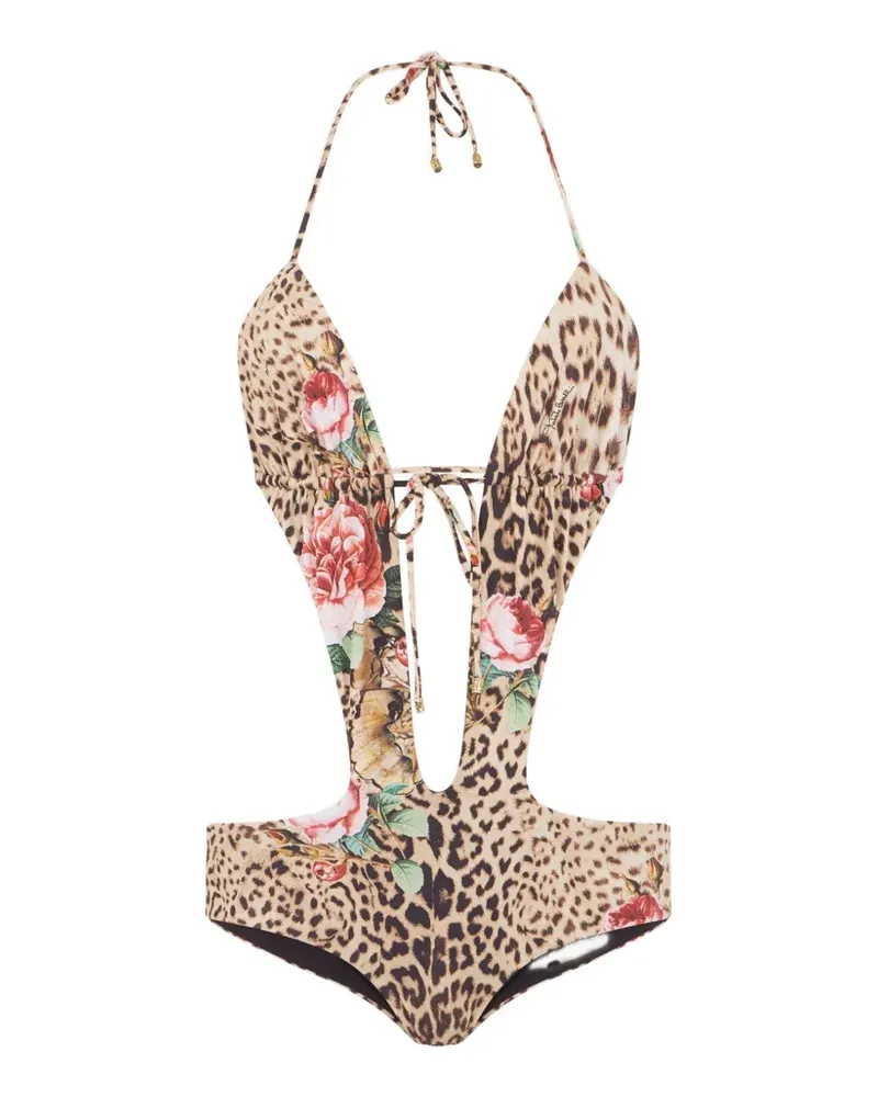 Roberto Cavalli leopard-print floral-print swimsuit - Nude Nude