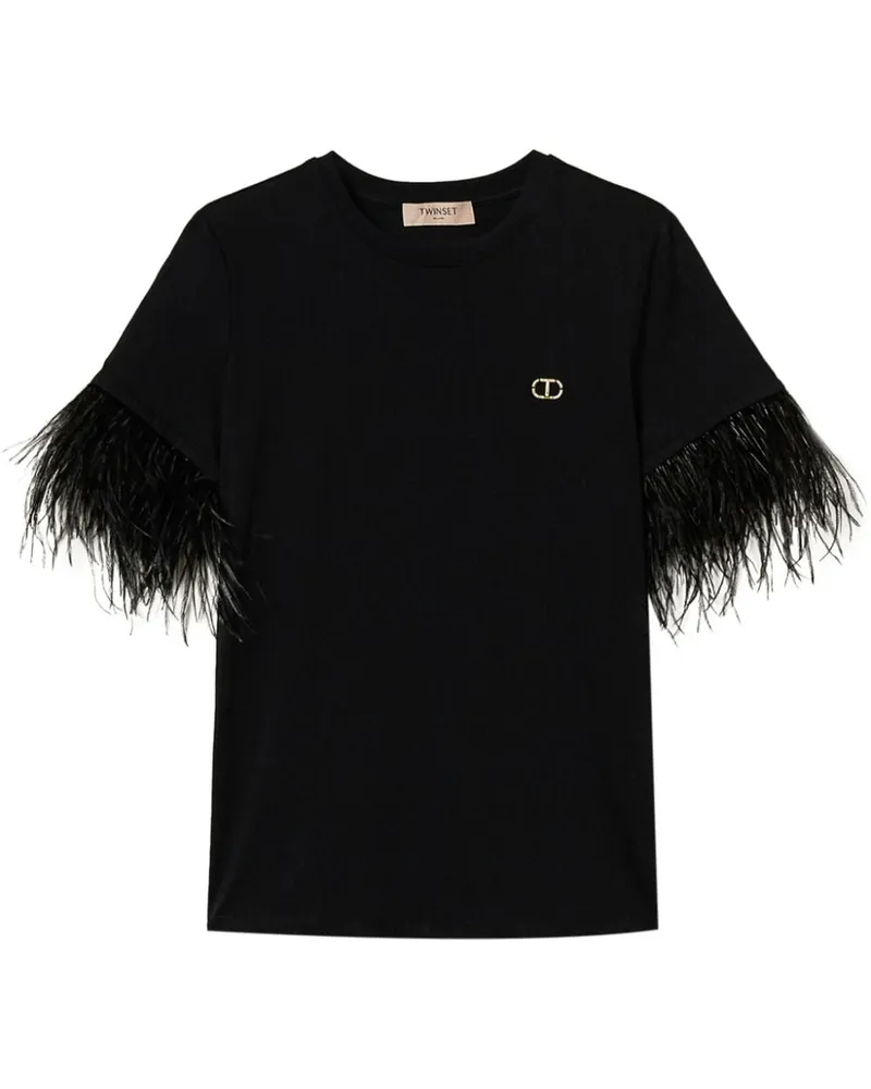 Twin-Set T-Shirt mit Federn - Schwarz Schwarz