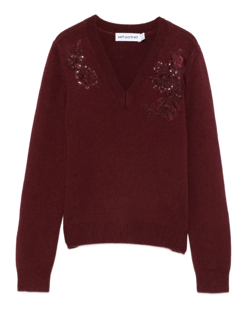 Self-Portrait Pullover mit Pailletten und Blumenpatch - Rot Rot