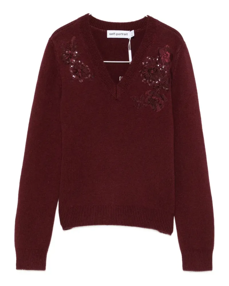 Self-Portrait sequin-embellished floral-patch sweater - Rot Rot