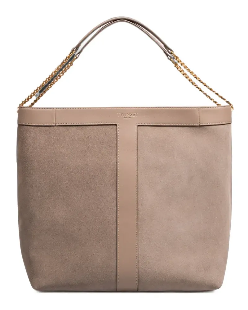 Twin-Set Canvas-Schultertasche mit Wildledereinsätzen - Nude Nude