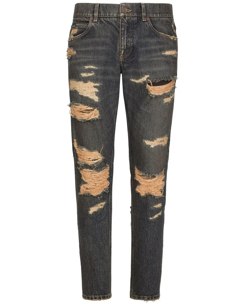 Dolce & Gabbana Schmale Jeans mit Distressed-Detail - Blau Blau