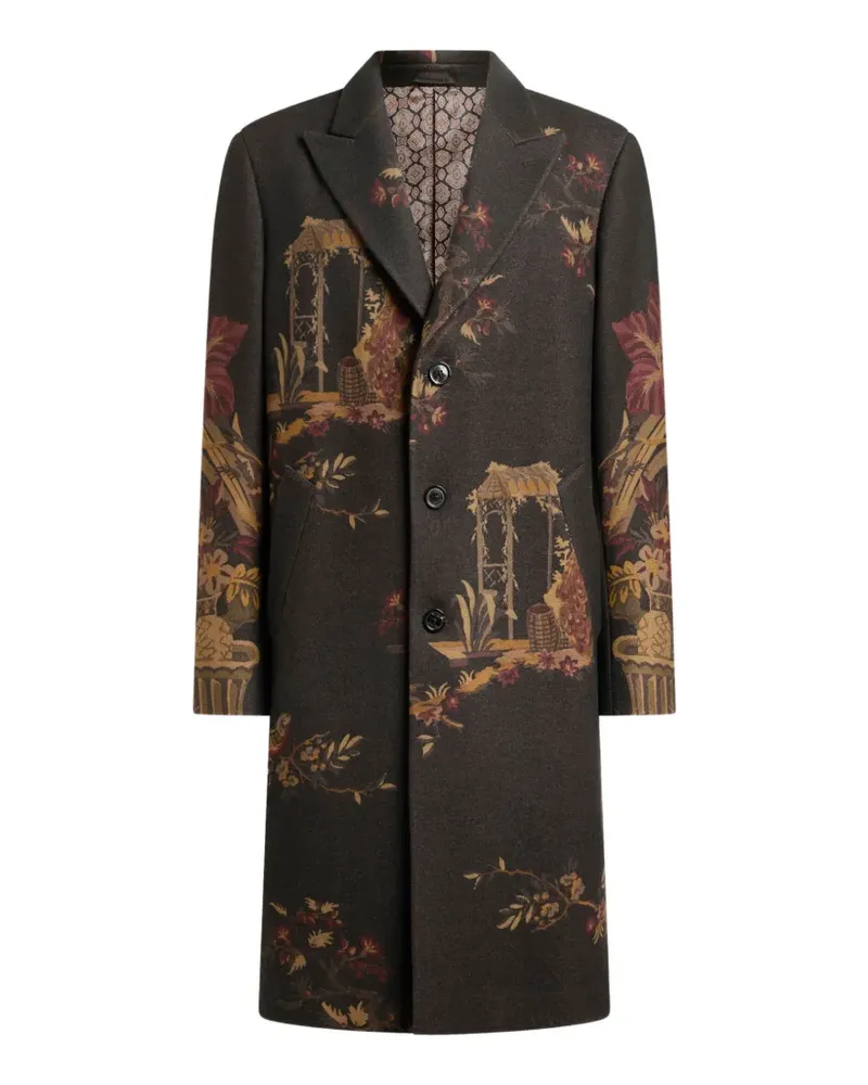 Etro wool-blend coat with placed flower and animal print - Braun Braun