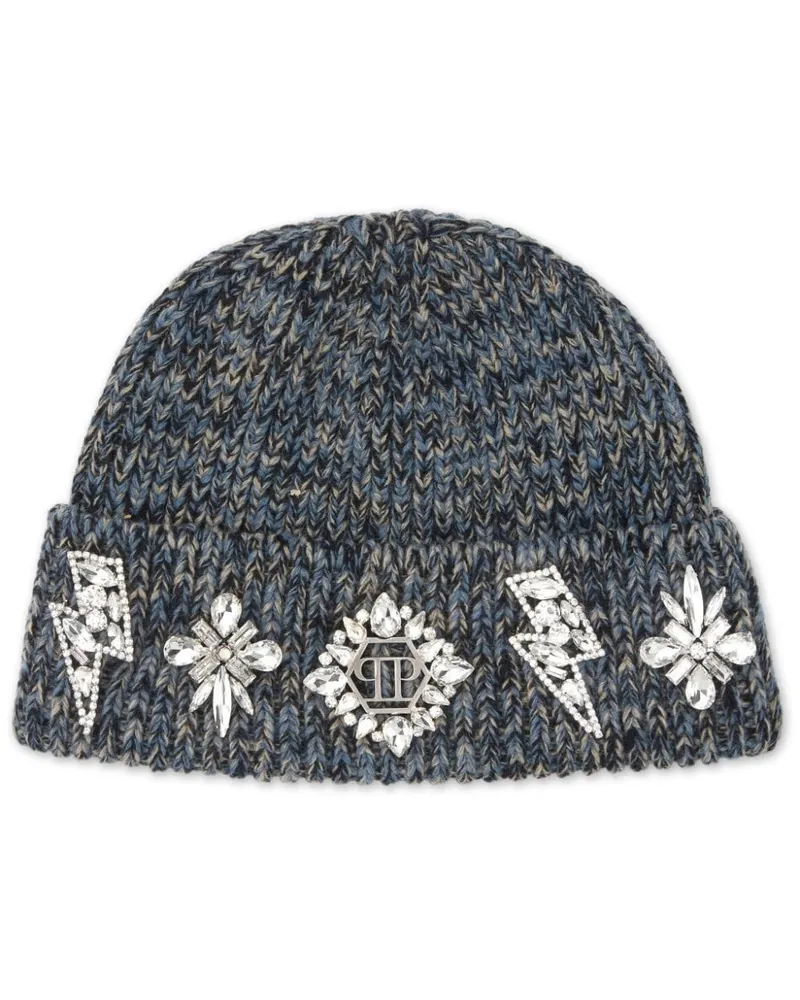 Philipp Plein Beanie mit Brosche - Blau Blau