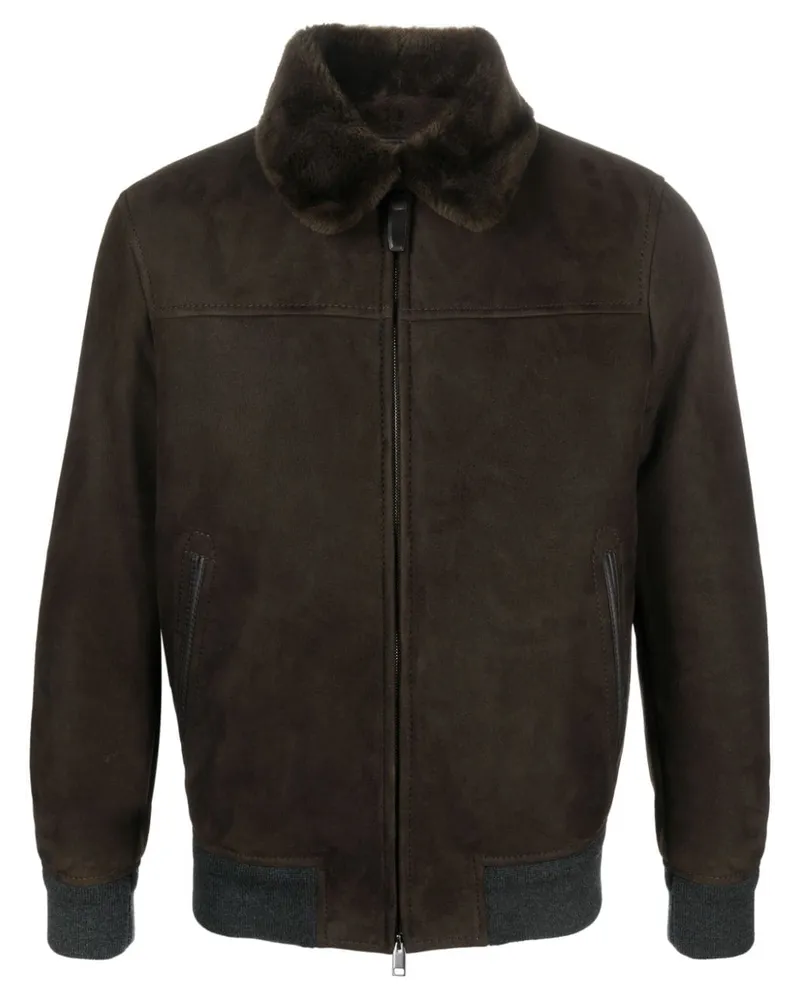 Brioni Lederjacke mit Shearling-Kragen Braun