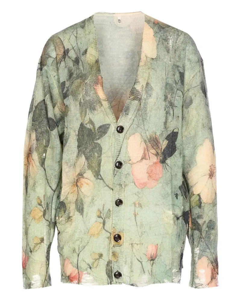 R13 Cardigan im Distressed-Look mit Blumen-Print - Grün Grün