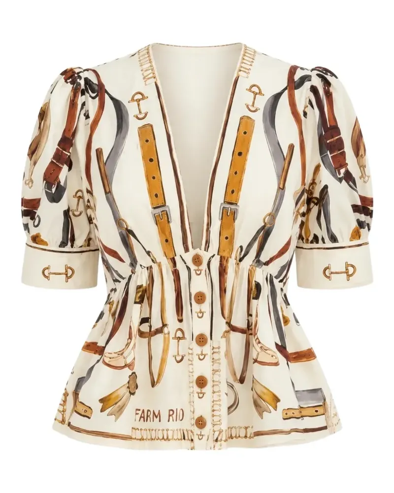 FARM Rio equestrian-print puff-sleeve blouse - Nude Nude