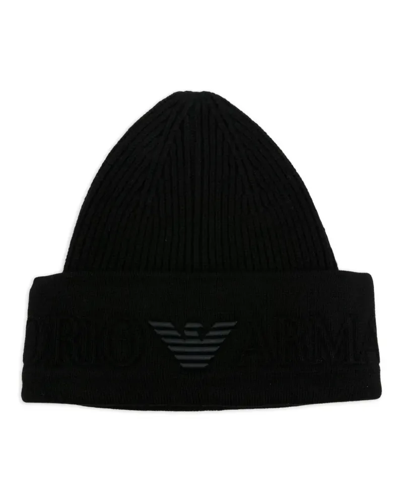 Emporio Armani Gerippte Beanie mit Logo-Stickerei - Schwarz Schwarz