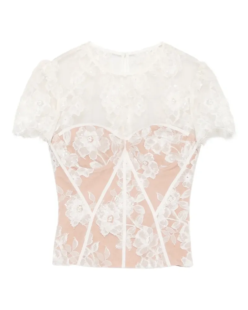 Self-Portrait lace-overlay sequin-embellished top - Nude Nude