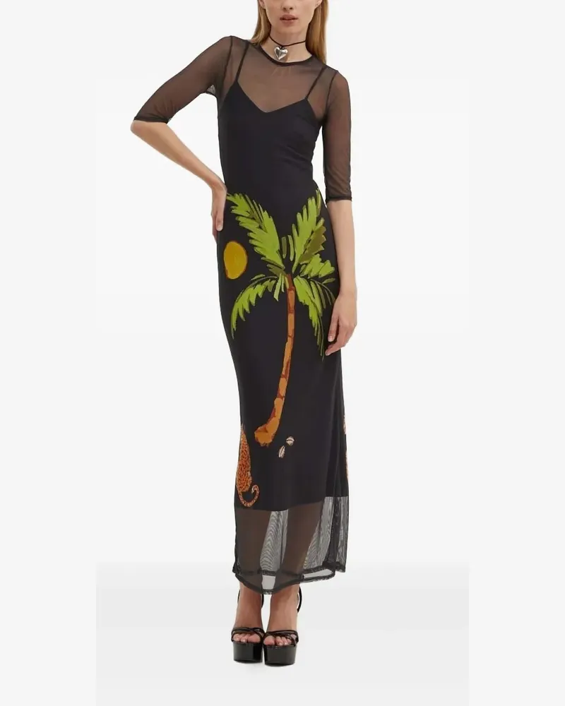 Never Fully Dressed Maxikleid mit Palmen-Print - Schwarz Schwarz