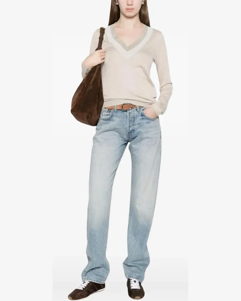 Brunello Cucinelli Monili-trim V-neck sweater - Nude Nude