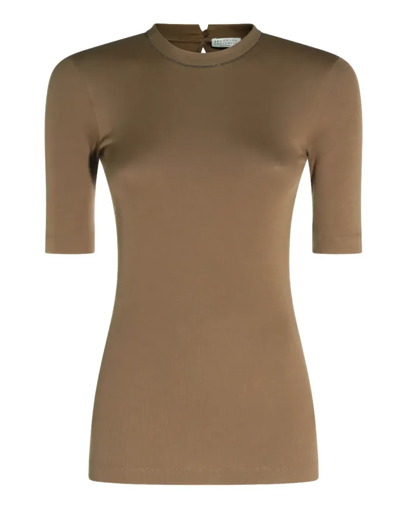 Brunello Cucinelli Geripptes T-Shirt mit Monili-Detail - Braun Braun