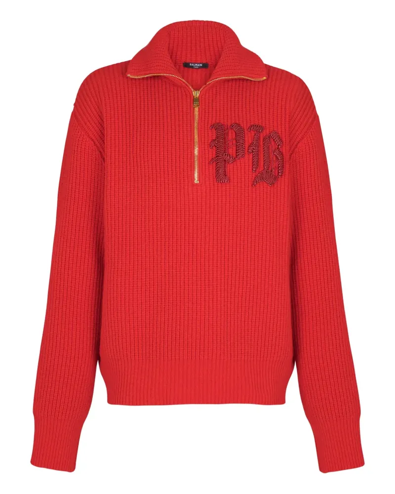 Balmain Gerippter Rollkragenpullover mit kurzem Reißverschluss - Rot Rot