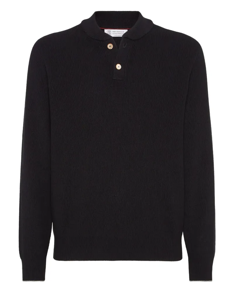 Brunello Cucinelli Gerippter Pullover mit Henley-Kragen - Schwarz Schwarz