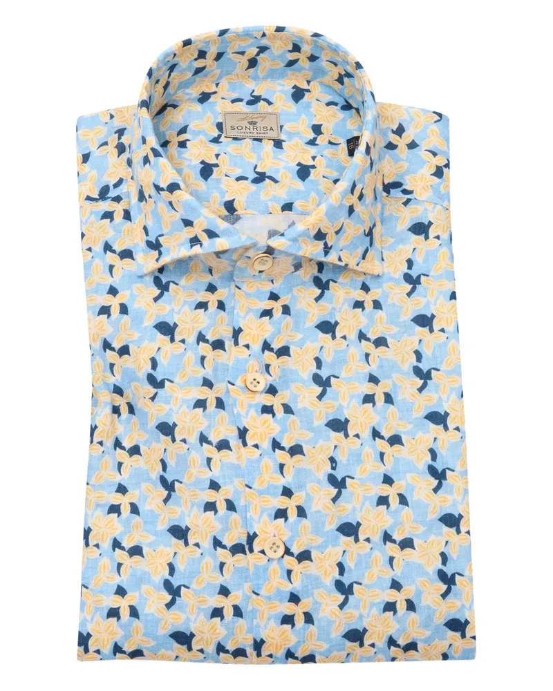 SONRISA Leinenhemd mit Blumen-Print - Blau Blau