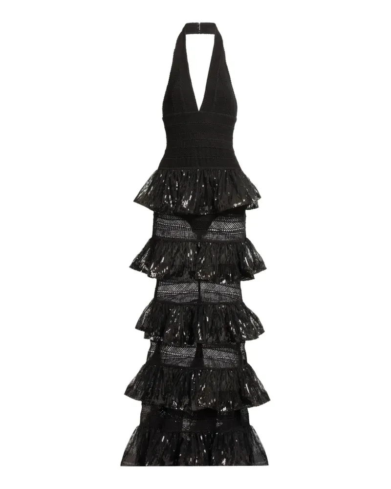 Elie Saab Gerüschtes Maxikleid mit Pailletten - Schwarz Schwarz